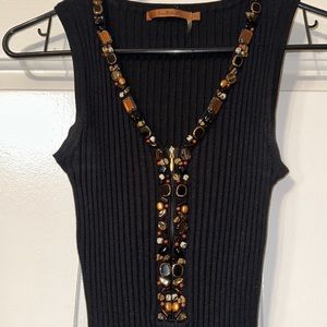 Knit V-Neck sweater with beaded neckline